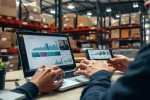 Person arbeitet am Laptop mit Amazon-Keyword-Analyse-Dashboard und Produktdaten in natürlicher Büroumgebung