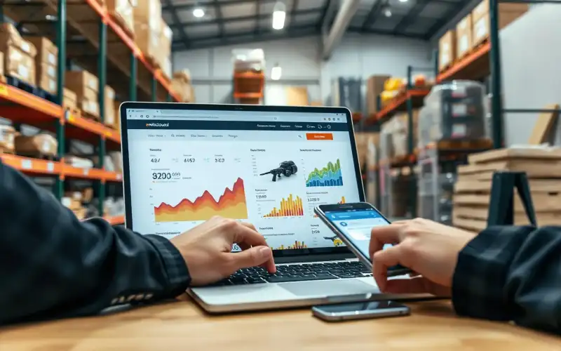 Person arbeitet am Laptop mit Analytics-Dashboard für Amazon und eigenen Online-Shop in natürlicher Umgebung
