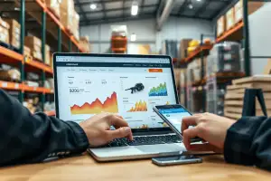 Person arbeitet am Laptop mit Analytics-Dashboard für Amazon und eigenen Online-Shop in natürlicher Umgebung
