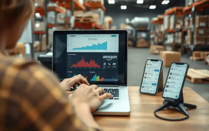 Person arbeitet am Laptop mit Amazon-Analytics-Dashboard für SEO-Optimierung und E-Commerce-Auswertung