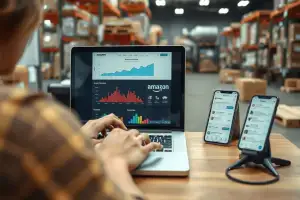 Person arbeitet am Laptop mit Amazon-Analytics-Dashboard für SEO-Optimierung und E-Commerce-Auswertung