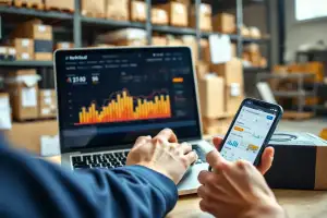 Person arbeitet am Laptop mit Analytics-Dashboard und Backlink-Daten für SEO-Optimierung im E-Commerce