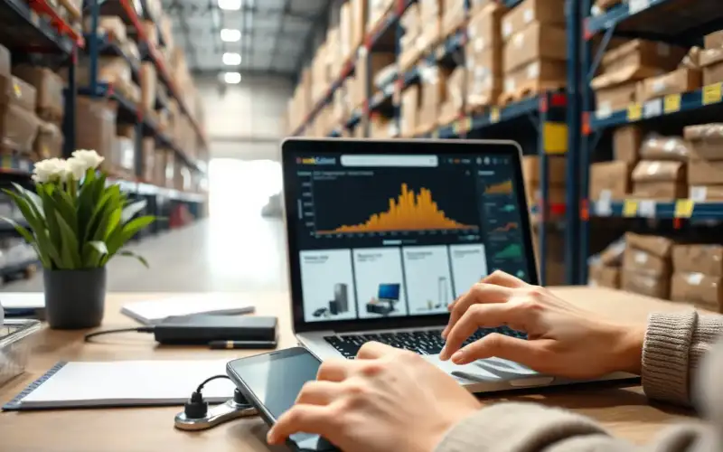 Person arbeitet am Laptop mit SEO-Analyse-Dashboard für Marketplace-Optimierung und Produktdaten