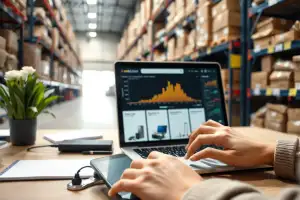 Person arbeitet am Laptop mit SEO-Analyse-Dashboard für Marketplace-Optimierung und Produktdaten