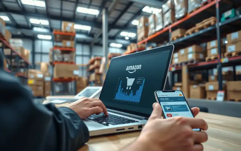 Person arbeitet am Laptop mit Amazon-Keyword-Analyse-Dashboard und Produktdaten in natürlicher Büroumgebung