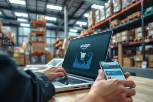 Person arbeitet am Laptop mit Amazon-Keyword-Analyse-Dashboard und Produktdaten in natürlicher Büroumgebung