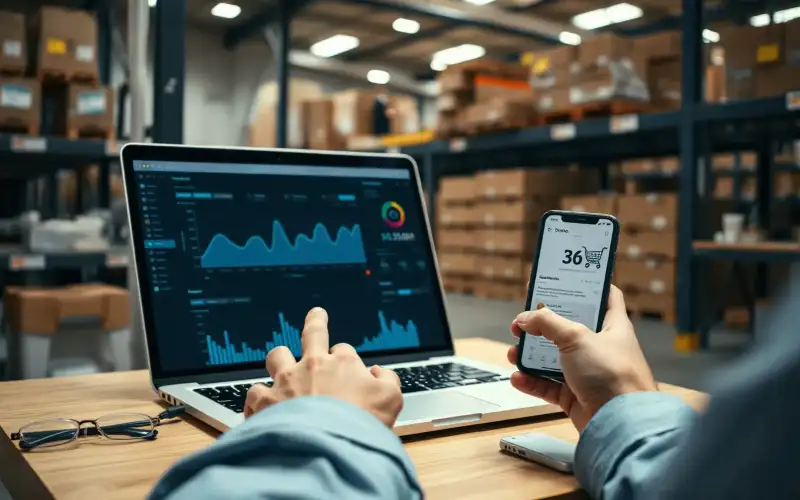 Person arbeitet am Laptop mit Analytics-Dashboard und analysiert SEO-Daten und E-Commerce-Kennzahlen