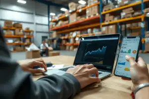 Person arbeitet am Laptop mit SEO-Analytics-Dashboard, das Amazon- und Google-Daten im Vergleich zeigt