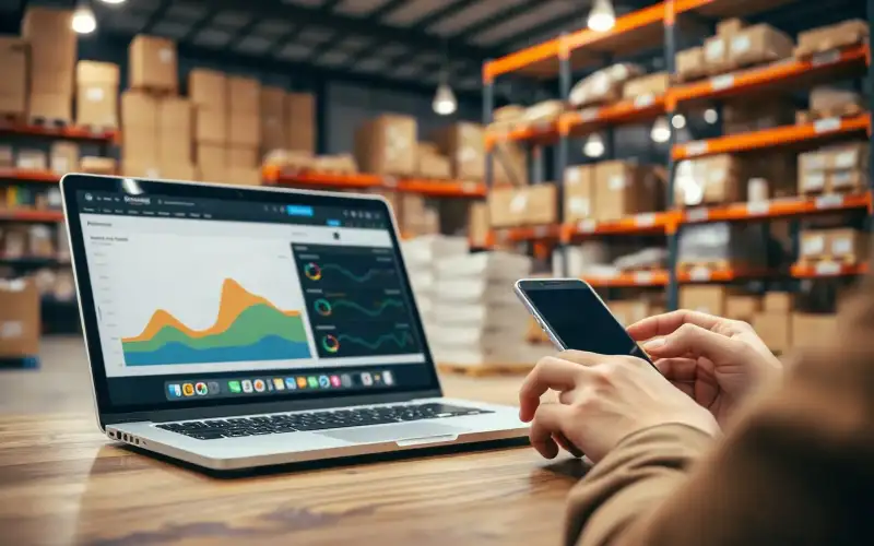 Person arbeitet am Laptop mit Analytics-Dashboard zur Optimierung von Amazon-Listings in modernem Büro