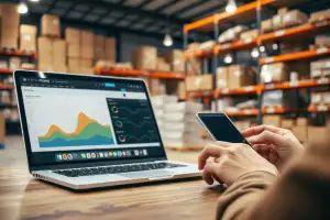 Person arbeitet am Laptop mit Analytics-Dashboard zur Optimierung von Amazon-Listings in modernem Büro