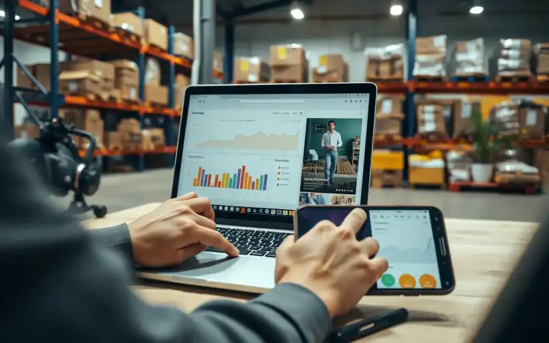 Person arbeitet am Laptop mit Analytics-Dashboard, natürliche Beleuchtung, photojournalistischer Stil