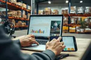 Person arbeitet am Laptop mit Analytics-Dashboard, natürliche Beleuchtung, photojournalistischer Stil