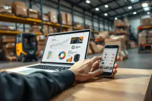 Person arbeitet am Laptop mit Analytics-Dashboard und Produktdaten für E-Commerce-SEO-Optimierung