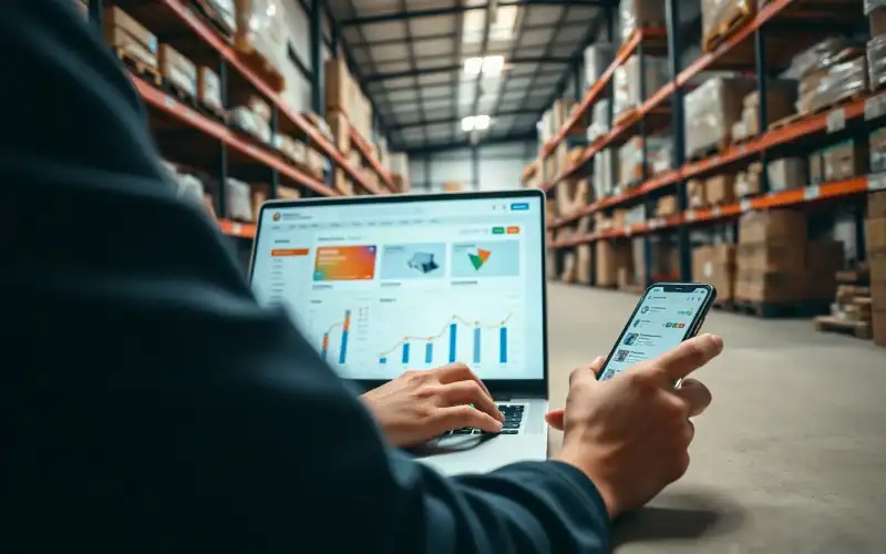 Person arbeitet am Laptop mit Analytics-Dashboard und Produktfotos in natürlicher Beleuchtung im Reportage-Stil