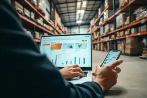 Person arbeitet am Laptop mit Analytics-Dashboard und Produktfotos in natürlicher Beleuchtung im Reportage-Stil