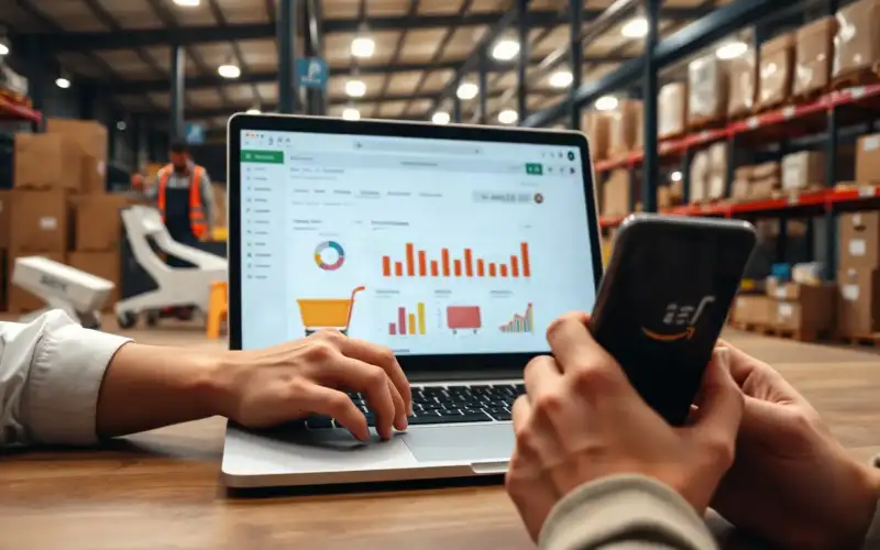 Person arbeitet am Laptop mit Analytics-Dashboard für E-Commerce-Redaktionsplanung in modernem Büro