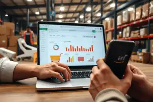 Person arbeitet am Laptop mit Analytics-Dashboard für E-Commerce-Redaktionsplanung in modernem Büro